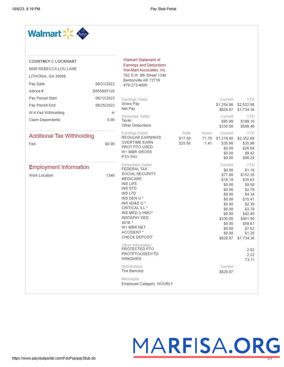 Downloadable Walmart statement of earnings and deductions real example